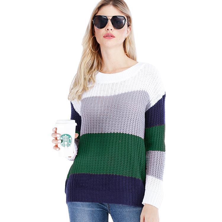 Damen Strickpullover mit modischem Streifenmuster und weichem V-Ausschnitt