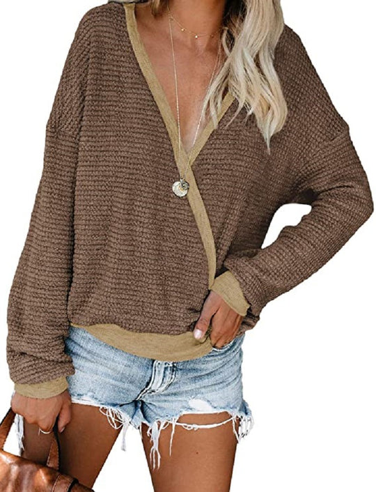 Damen lässiger Pullover mit tiefem V-Ausschnitt und lockerer Passform R&B
