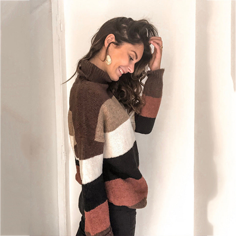 Damen Strickpullover mit hohen Kragen und modischem Blockstreifenmuster R&B