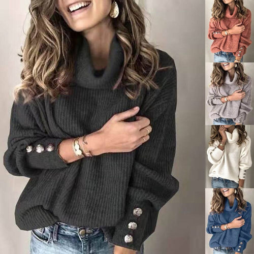 Damen Grobstrickpullover mit hohem Kragen und dekorativen Knopfdetails R&B