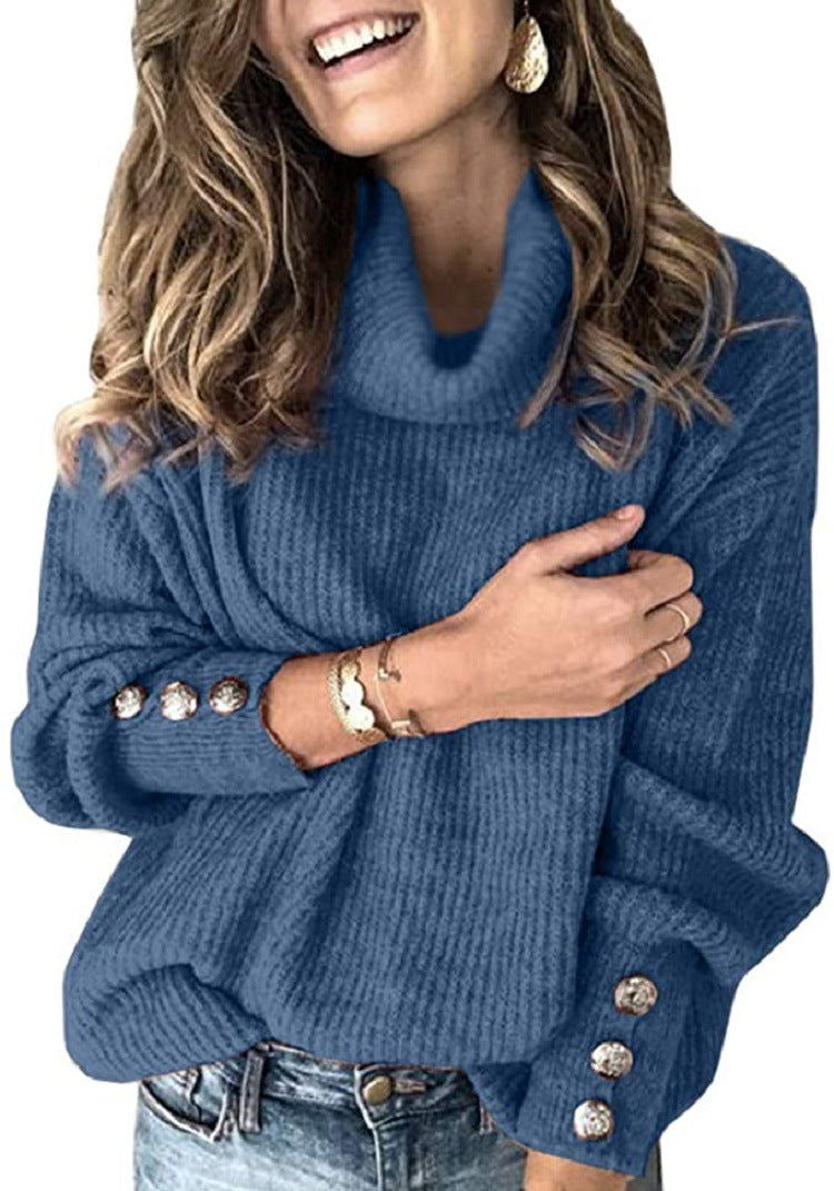 Damen Grobstrickpullover mit hohem Kragen und dekorativen Knopfdetails R&B