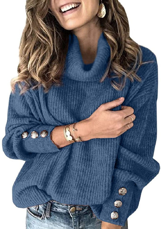 Damen Grobstrickpullover mit hohem Kragen und dekorativen Knopfdetails R&B