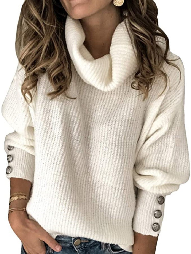 Damen Grobstrickpullover mit hohem Kragen und dekorativen Knopfdetails R&B