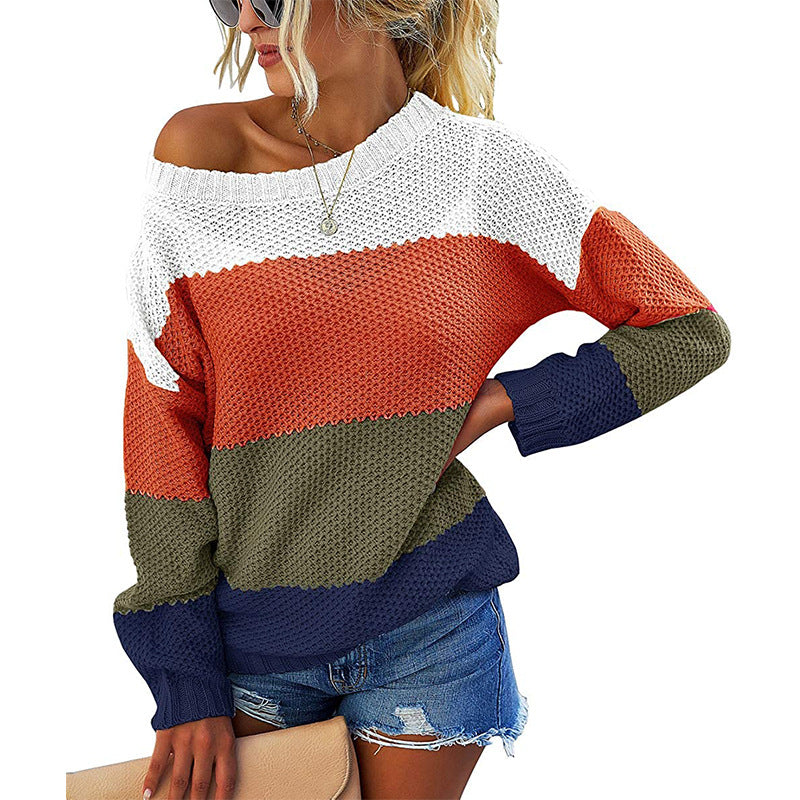 Damen lässiger Blockstreifen Pullover mit weitem Ausschnitt und strukturiertem Gewe