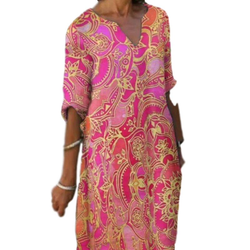 Damen Freizeitleichtkleid mit elegantem V-Ausschnitt und buntem Muster R&B