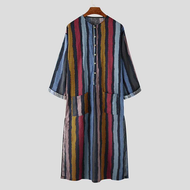Herren nan bodenlanger gestreifter Leinenmix Kaftan mit Stehkragen und aufgesetzten Hüfttaschen R&B