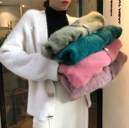 Damen Flauschige Strickjacke mit großen Knöpfen und voluminösen Ärmeln R&B