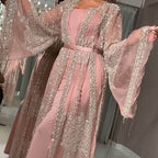 Damen Elegante Kaftan Robe aus transparentem Stoff mit aufwendigen Verzierungen R&B