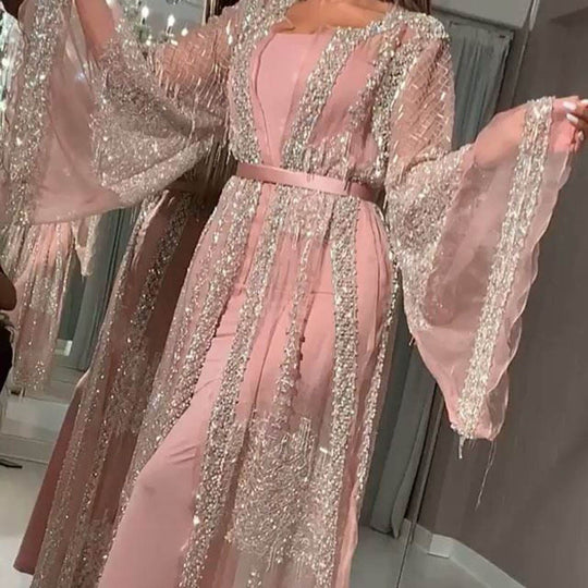 Damen Elegante Kaftan Robe aus transparentem Stoff mit aufwendigen Verzierungen R&B