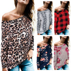 Damen Oversized Pullover mit animalischem Muster und offener Schulter