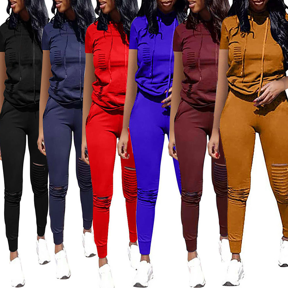 Damen Sportliches Freizeit-Set mit Kurzarmpullover und Hose mit Reißverschluss R&B