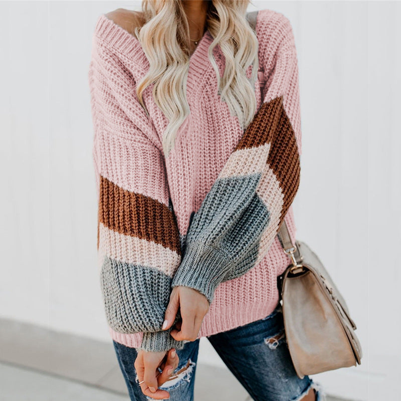 Damen lässiger Strickpullover mit trendigem Farbblockdesign und hohem Kragen R&B