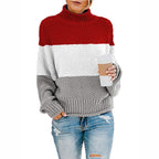 Damen Strickpullover mit hohem Kragen und modischem Farbblockdesign R&B