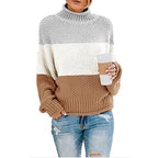 Damen Strickpullover mit hohem Kragen und modischem Farbblockdesign R&B