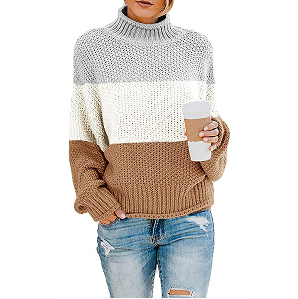 Damen Strickpullover mit hohem Kragen und modischem Farbblockdesign R&B