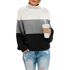 Damen Strickpullover mit hohem Kragen und modischem Farbblockdesign R&B