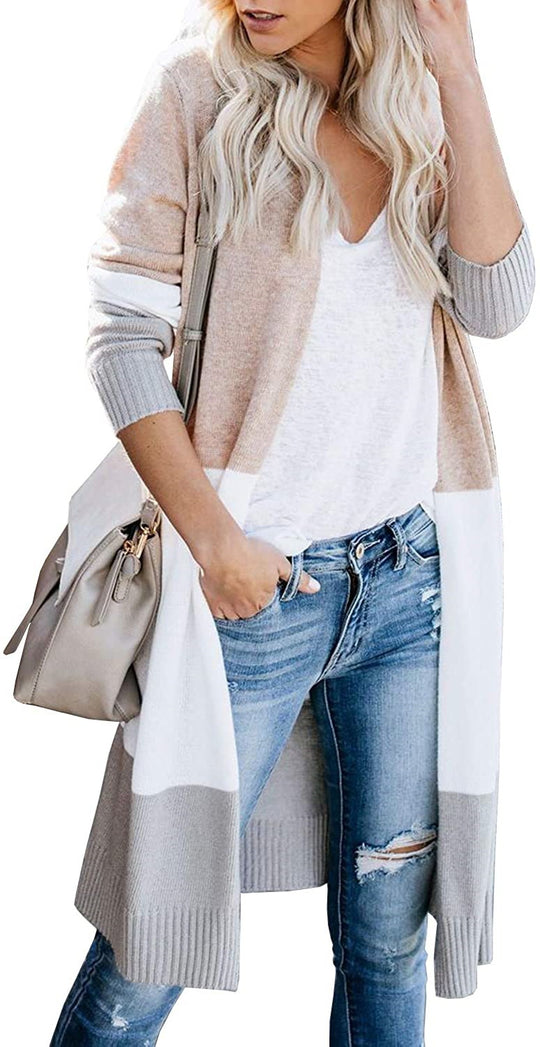 Damen modische langärmlige Strickjacke mit angesagtem Farbblockdesign R&B