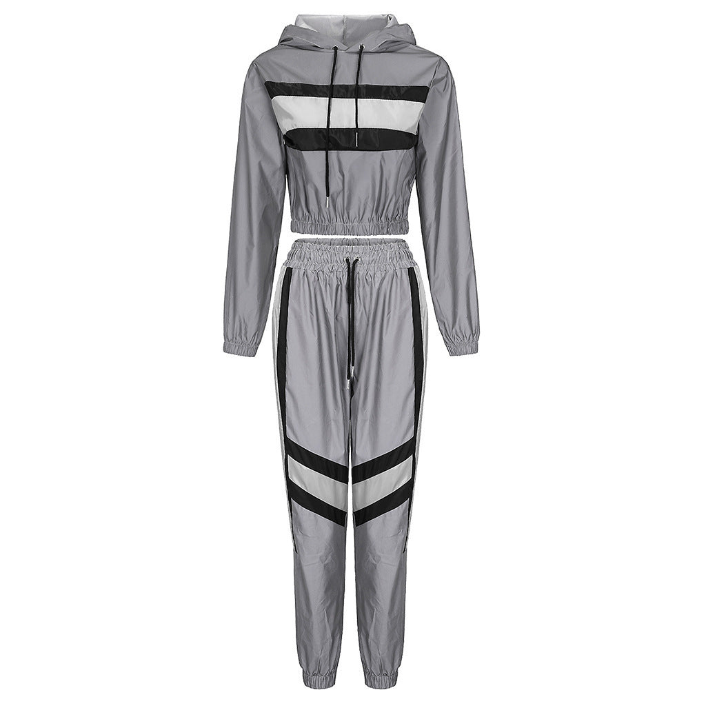 Damen cropped Kapuzenpullover im sportlichen Stil mit Kontraststreifen R&B