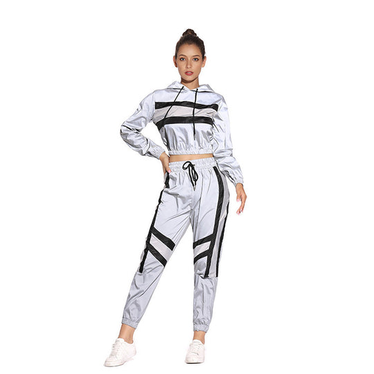 Damen cropped Kapuzenpullover im sportlichen Stil mit Kontraststreifen R&B