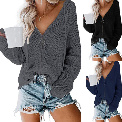 Damen V-Ausschnitt Strickpullover mit durchgehendem Reißverschluss und lässigem Schnitt R&B