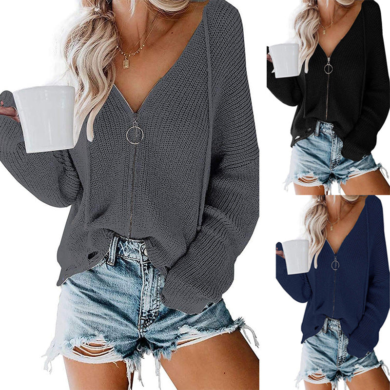 Damen Lässiger Pullover mit modernem Reißverschluss und weitem Schnitt R&B