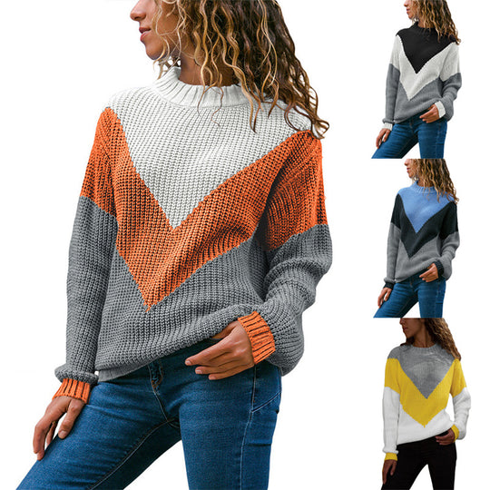 Damen Grobstrick Pullover mit modernem V-Ausschnitt und Farbblockdesign R&B