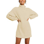 Damen Grobstrick Pulloverkleid mit hohem Kragen und überschnittenen Schultern