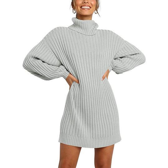 Damen Grobstrick Pulloverkleid mit hohem Kragen und überschnittenen Schultern R&B
