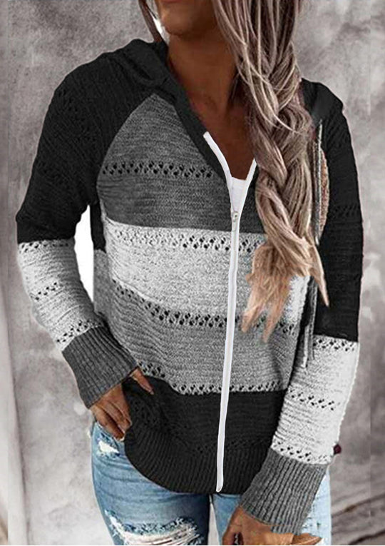 Damen Lässige Strickjacke mit Reißverschluss und Kapuze R&B