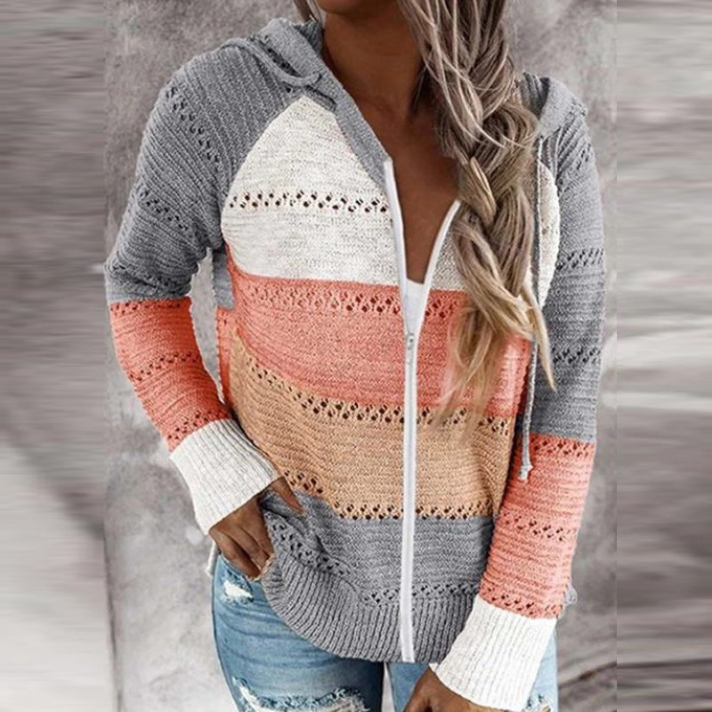 Damen Lässige Strickjacke mit Reißverschluss und Kapuze R&B