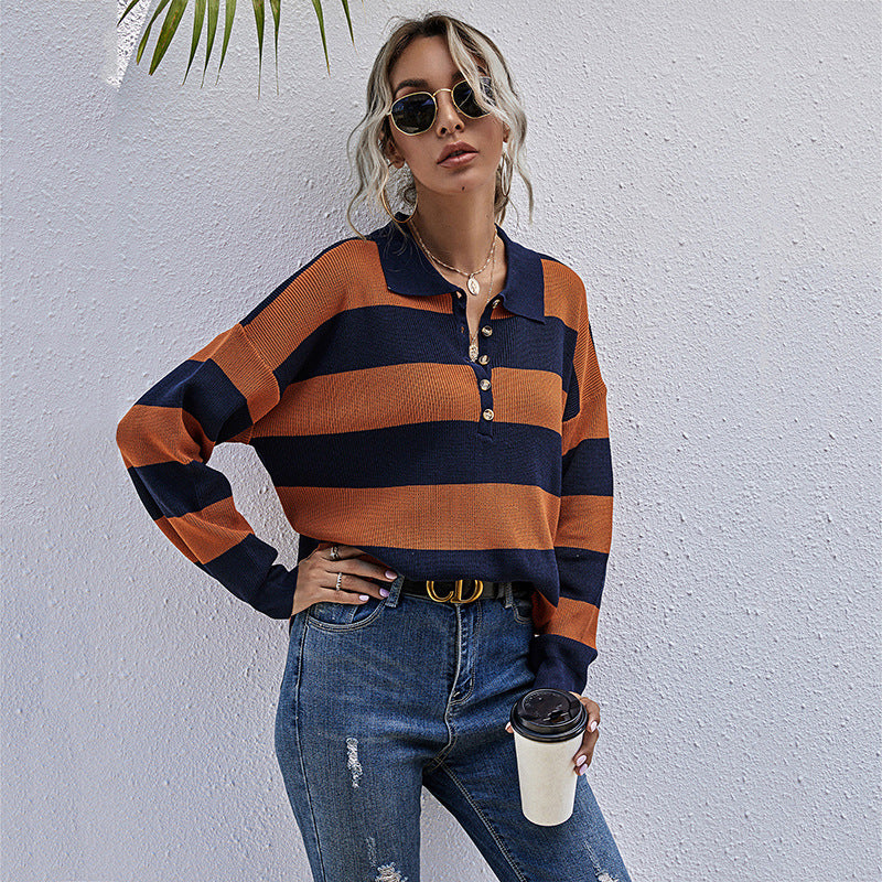 Damen gestreifter Pullover mit Knopfleiste und hochwertigem Rippdesign R&B