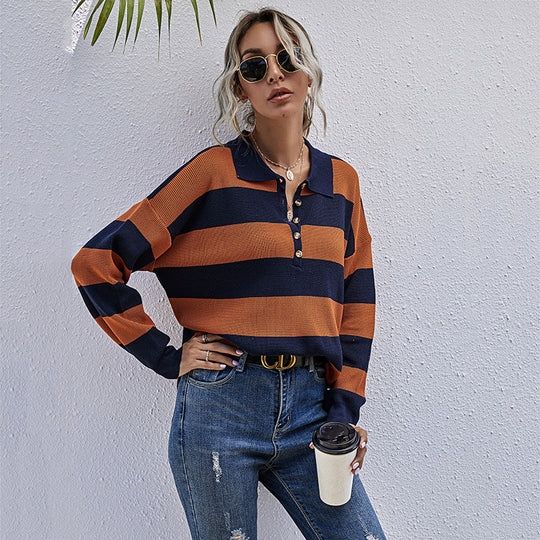 Damen gestreifter Pullover mit Knopfleiste und hochwertigem Rippdesign R&B
