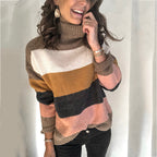 Damen Strickpullover mit hohen Kragen und modischem Blockstreifenmuster R&B