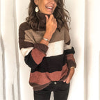 Damen Strickpullover mit hohen Kragen und modischem Blockstreifenmuster R&B