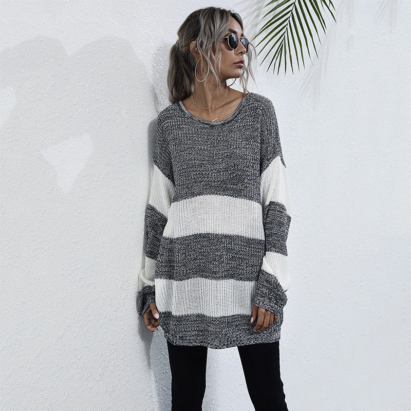 Damen Oversized Strickpullover mit gestreiftem Muster und lässigem Schnitt R&B