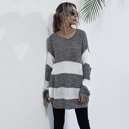 Damen Oversized Strickpullover mit gestreiftem Muster und lässigem Schnitt R&B