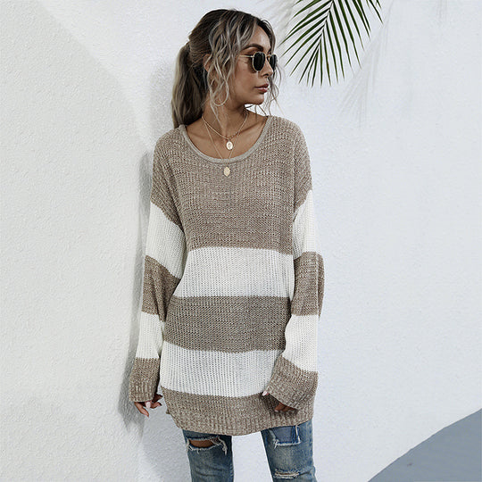 Damen Oversized Strickpullover mit gestreiftem Muster und lässigem Schnitt R&B