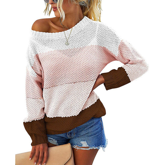 Damen lässiger Strickpullover mit weitem Ausschnitt und strukturiertem Farbblockdesign R&B