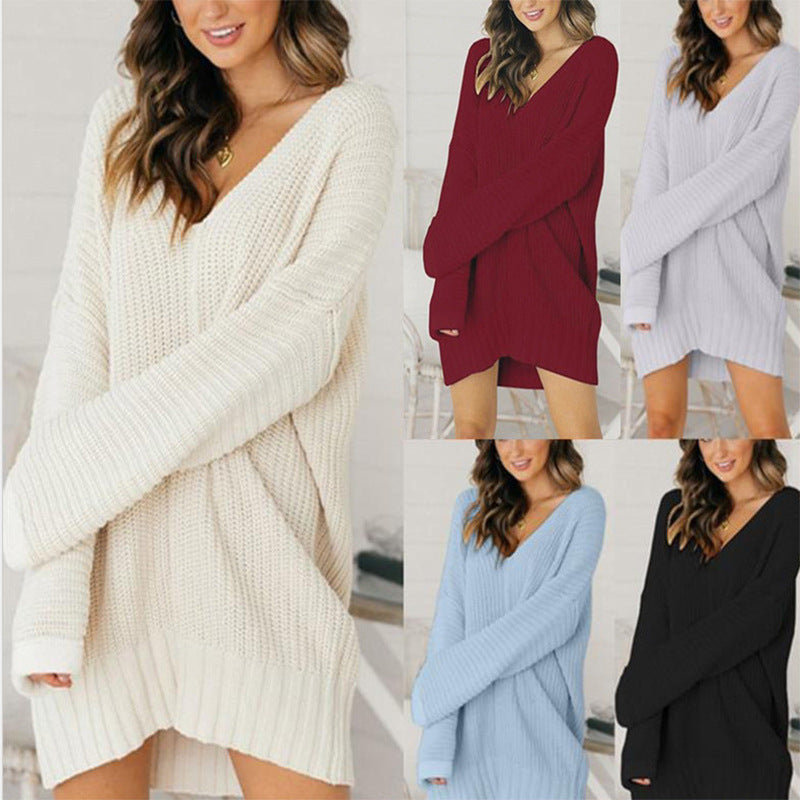Damen Grobstrick Pulloverkleid mit V-Ausschnitt und lässigem Schnitt R&B