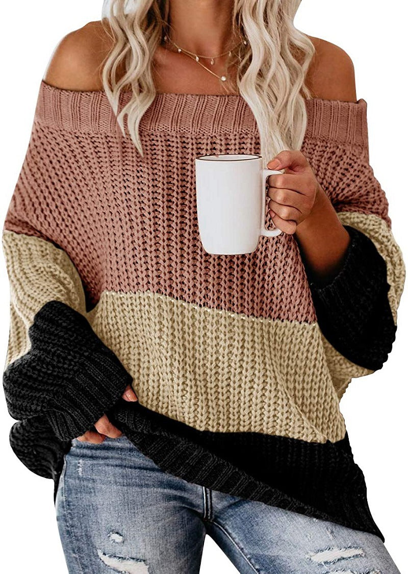 Damen lässiger Strickpullover mit weitem Ausschnitt und Farbblockdesign R&B