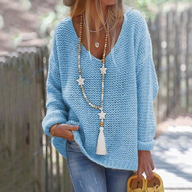 Damen lässiger Strickpullover mit tiefem V-Ausschnitt R&B