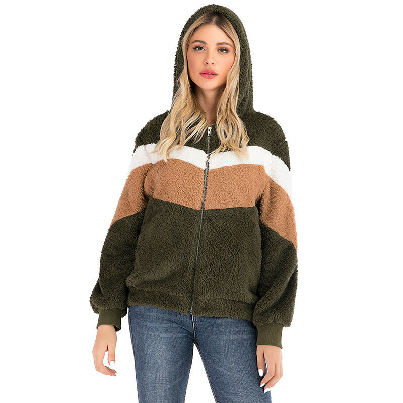 Damen Fleecejacke mit kontrastierenden Streifen und Kapuze