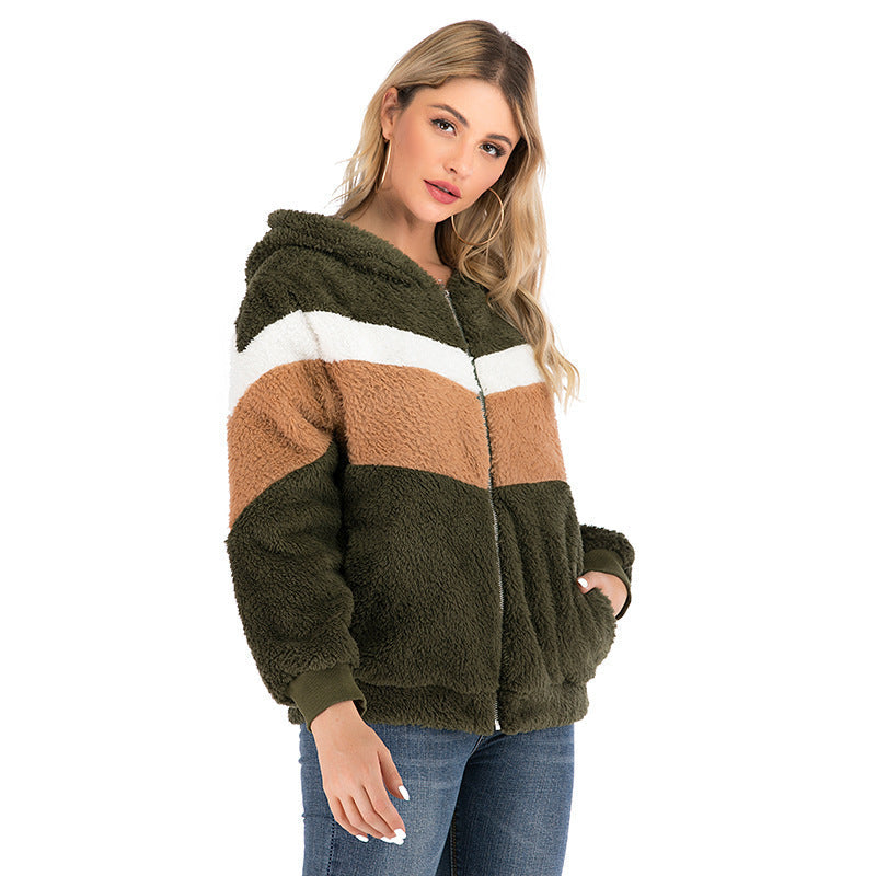 Damen Fleecejacke mit kontrastierenden Streifen und Kapuze