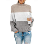 Damen Strickpullover mit hohem Kragen und modischem Farbblockdesign R&B