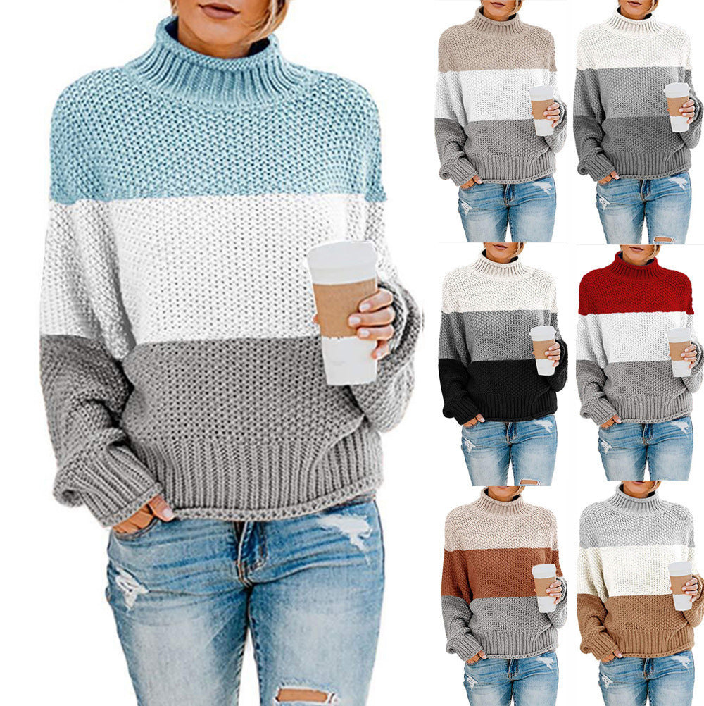 Damen Strickpullover mit hohem Kragen und modischem Farbblockdesign R&B