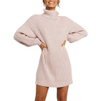 Damen Grobstrick Pulloverkleid mit hohem Kragen und überschnittenen Schultern