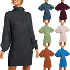 Damen Grobstrick Pulloverkleid mit hohem Kragen und überschnittenen Schultern