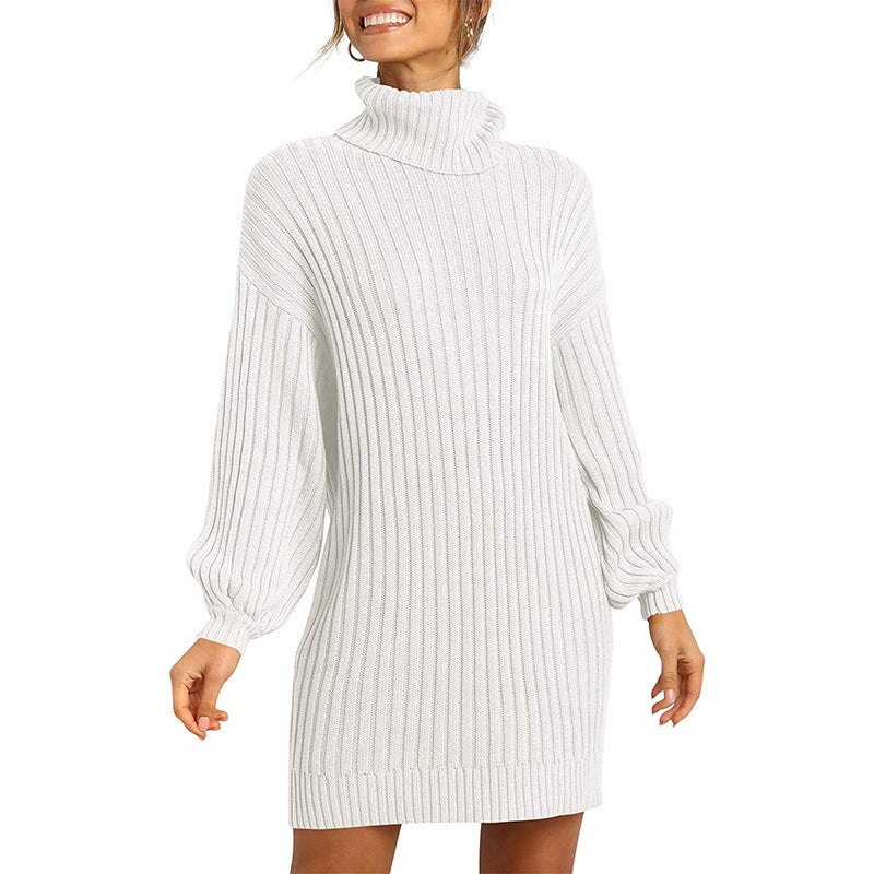 Damen Grobstrick Pulloverkleid mit hohem Kragen und überschnittenen Schultern R&B
