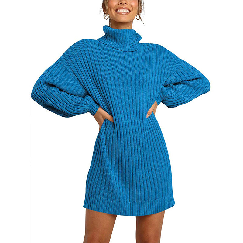 Damen Strickkleid mit hohem Kragen und weit geschnittenen Ärmeln R&B