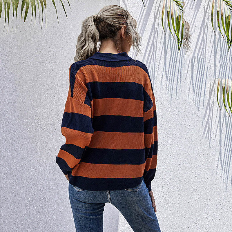 Damen gestreifter Pullover mit Knopfleiste und hochwertigem Rippdesign R&B